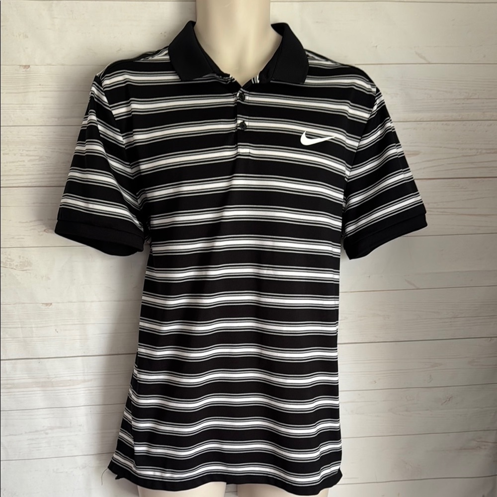 Nike Size L Dry-Fit Black and White Striped Polo Shirt Short Sleeve